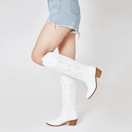 Vista 5 de Eteridrey Botas vaqueras bordadas para mujer, botas vaqueras occidentales con punta puntiaguda, tacón alto y grueso, botas altas hasta la rodilla