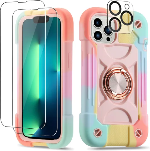 Vista 114 de Funda para iPhone 11 de 6.1 pulgadas con soporte de anillo, con 2 protectores de pantalla de vidrio, resistente a los golpes, resistente a