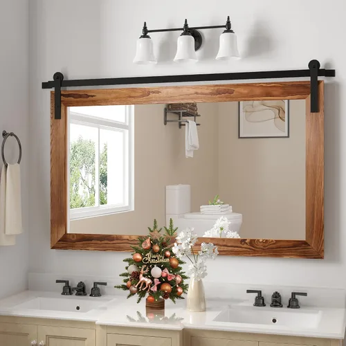Vista 35 de COGOOD Espejo de puerta de granero de granja, 25 x 18 pulgadas, espejo decrativo con marco de madera rústica para baño, sala de estar, decoración
