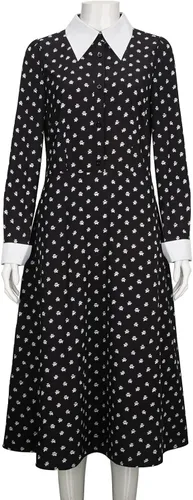 Vista 2 de FOGHORN Wednesday Addams Costume for Adult Women Kids Girls Long Sleeve Peter Pan Collar Black Dress Halloween Night Costume