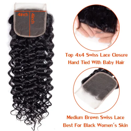 Vista 3 de Cabello humano rizado con cierre de encaje de 4 x 4, cabello humano prearrancado Jerry rizado ondulado 12A sin procesar brasileño virgen cierre