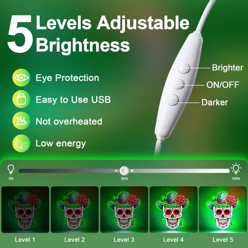 Vista 4 de Letrero de neón del Día de los Muertos, luz de neón LED de calavera de azúcar mexicana para decoración del hogar y bar, arte impreso UV con tira LED