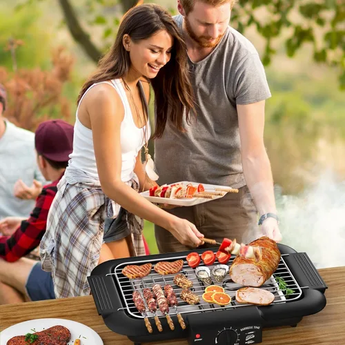 Vista 6 de Parrilla eléctrica para barbacoa, sin humo, antiadherente para interiores y exteriores, 2000 W, doble tubo de alta potencia, portátil, extraíble