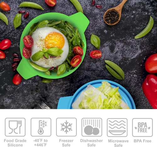 Vista 4 de Bakerpan - Set de 4 recipientes de silicona para microondas para cocinar huevos, 12 cm x 4,4 cm, pequeño tazón con tapa, mini recipiente plegable