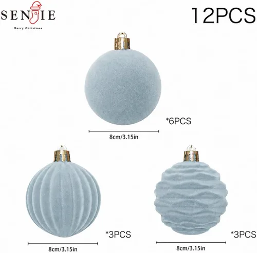 Vista 4 de Adornos de terciopelo de 3.15 pulgadas para árbol de Navidad, juego de 12 Azul empolvado