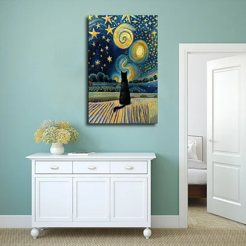 Vista 4 de Fyzuf Arte de pared de gato, pintura al óleo sobre lienzo, póster de lindo cubismo de gato, colorido, lindo, gatos, decoración estética, habitación