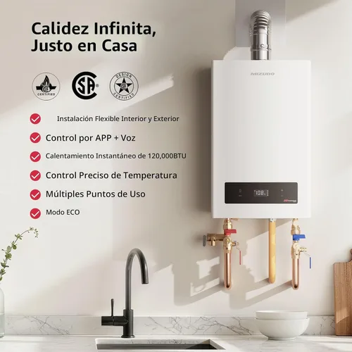 Vista 2 de MIZUDO Calentador de agua sin tanque de gas natural de 120,000 BTU, máximo