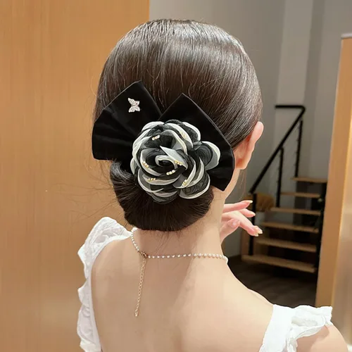 Vista 4 de YOYLMAL - 3 piezas para hacer moños de cabello para tornillo, moño flexible de flor de camelia grande, lazos para el cabello de torsión francesa