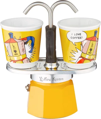 Vista 9 de Bialetti - Mini Express Kandinsky: El juego Moka incluye cafetera 2 tazas (2.8 Oz) + 2 vasos de chupito, azul claro, aluminio