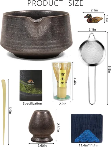 Vista 2 de Artcome Juego de herramientas Matcha: kit completo con cuenco de matcha con boquilla, batidor de bambú, cuchara de té, soporte para batidoras