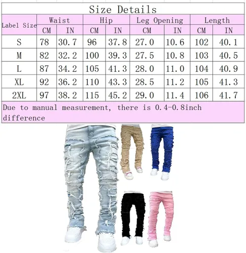 Vista 4 de Jeans para hombre, elásticos, ajustados, apilados, rasgados, desgastados, ajustados, con parche Y2K, pantalones de mezclilla ajustados, ropa de calle