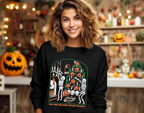 Vista 5 de YI XIANG RAN Sudadera de Halloween para mujer, diseño de esqueletos, estilo vintage, informal, holgada, cuello redondo, sin botones