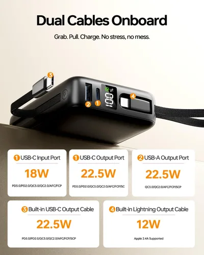 Vista 6 de Cargador Portátil 50000mAh Power Bank, Cargador de Teléfono Portátil con 2 Cables Integrados, 22.5W Carga Rápida Elementos Esenciales de Viaje