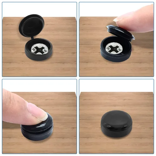 Vista 5 de Tapones de rosca negros con tapas abatibles, cubiertas con bisagras para tornillos Phillips, paquete de cubierta impermeable para orificios