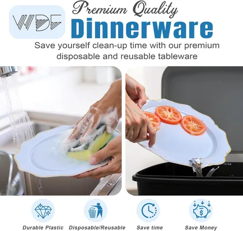 Vista 7 de WDF 175 piezas platos de plástico azul – Platos azul bebé resistentes desechables – Vajilla de plástico para 25 invitados, ideal para Bule y Oro