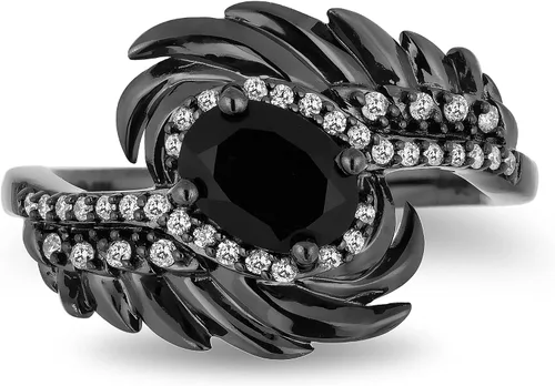 Vista 3 de Jewelili Enchanted Disney Fine Jewelry Anillo de plata de ley con rodio negro de 16 quilates de diamante y alas de maléfica de ónix, Metal, Diamante