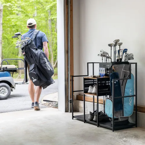 Vista 2 de Organizador de almacenamiento de golf Teal Triangle, almacenamiento gratuito para garaje resistente, contiene palos de golf, bolsas, accesorios