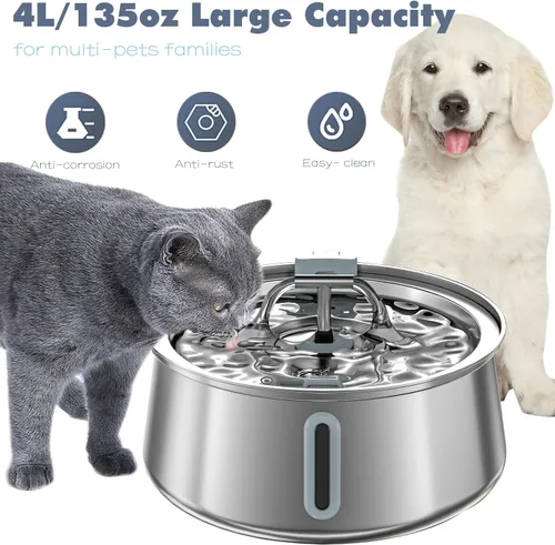 Vista 6 de Homtyler Fuente de agua de acero inoxidable para gatos, fuente de agua para mascotas de 4 litros/135 onzas de gran capacidad, dispensador de agua