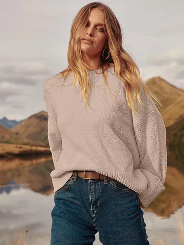 Vista 102 de LOGENE Suéter de gran tamaño para mujer, cuello redondo, manga larga, suave, mullido, suéter de punto 2025 para otoño e invierno