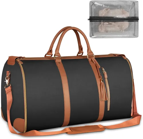 Vista 11 de Bolsa de ropa de equipaje de mano, bolsas grandes de cuero PU para ropa de viaje con bolsa para zapatos, Grande, Bolso B-Rayas Blancas Negras