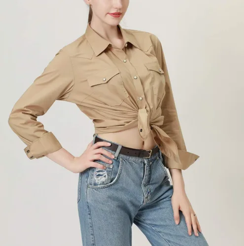 Vista 6 de PASHARTUK Camisas occidentales para mujer, camisas de manga larga de algodón para mujer con botones a presión, camisas a cuadros para mujer Beige