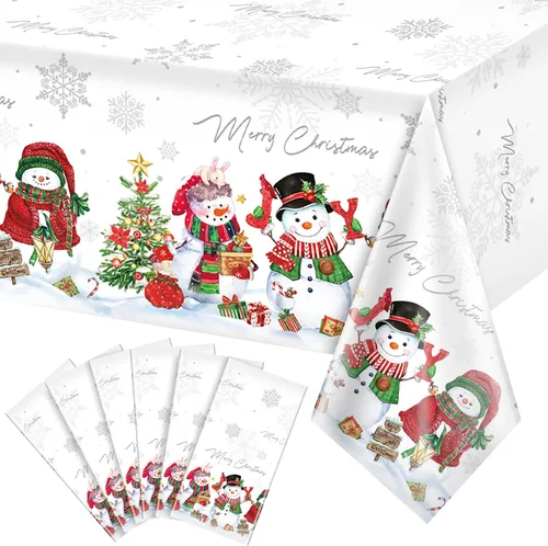 Vista 13 de FunnyPars 3 piezas manteles de muñeco de nieve navideños de plástico, cubierta de mesa de invierno con copos de nieve y árbol de Navidad