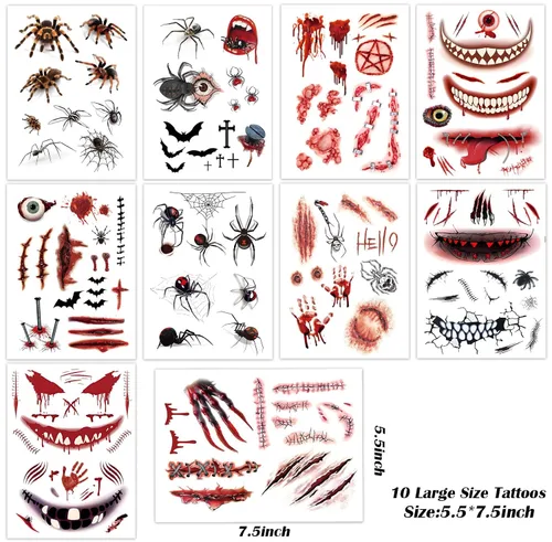 Vista 2 de Tatuajes temporales de gran tamaño, 10 hojas de tatuajes de cosplay de Halloween, tatuajes temporales realistas de boca grande, tatuaje de cicatriz