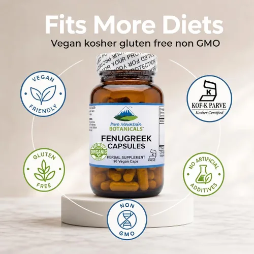 Vista 4 de Pure Mountain Botanicals Cápsulas de fenogreco de 600 mg orgánicos, 90 cápsulas veganas kosher - Suplemento de semillas de fenogreco para mujeres
