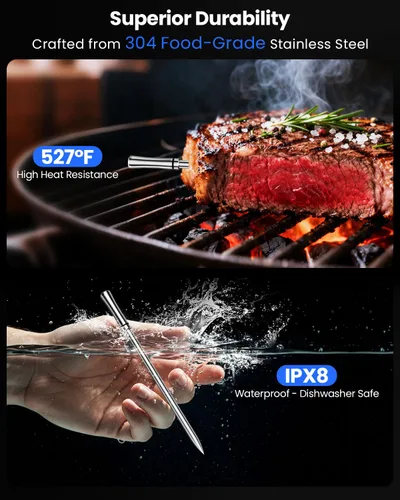 Vista 8 de PROGRACE Termómetro inalámbrico Bluetooth inteligente para carne: base independiente, rango ilimitado WiFi, 6 sensores con precisión certificada