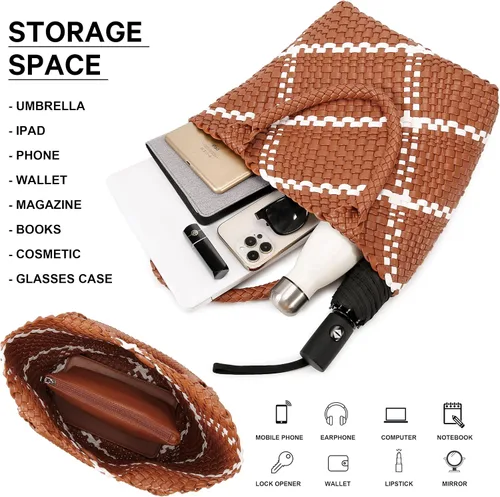 Vista 4 de Bolso de mano tejido de moda para mujer, bolso de compras de cuero vegano suave tejido a mano con bolso