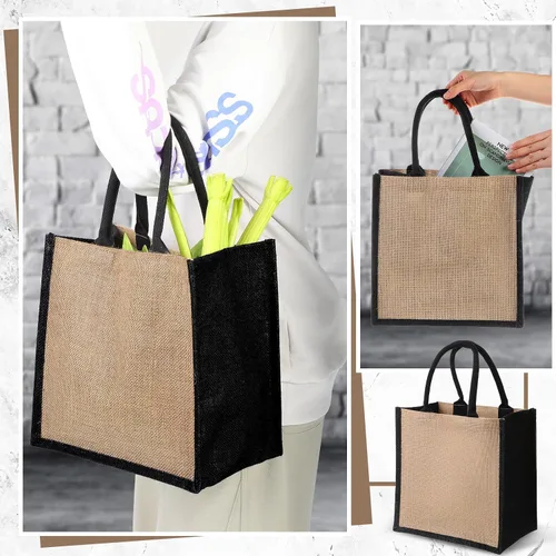 Vista 4 de Saintrygo - 12 bolsas de arpillera con asa reutilizables, yute y negro Lienzo en blanco perfecto para bricolaje, asas resistentes, tela