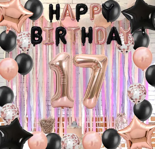 Vista 5 de Decoraciones de cumpleaños número 17 para niñas, pancarta de cumpleaños número 17 color negro y rosa dorado con estrella número 17, globos