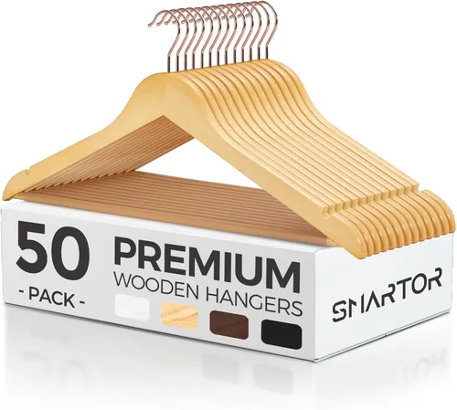 Vista 19 de Smartor Paquete de 20 perchas de madera maciza para armario, perchas de madera resistente para trajes, camisas, vestidos, con gancho de oro rosa