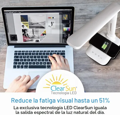 Vista 3 de Lámpara de escritorio OttLite Charge Up LED con carga inalámbrica Qi y puerto de carga USB, con tecnología LED ClearSun - Cuello ajustable, 3 modos