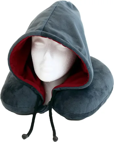 Vista 3 de Wolf Essentials Almohada de cuello con capucha rellena de fibra, compacta, perfecta para viajes en avión y automóvil, negro y carbón