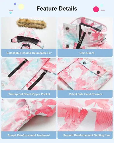 Vista 6 de Pursky Chaqueta de esquí impermeable para niñas, abrigos de nieve de invierno para niños, impermeable, parka
