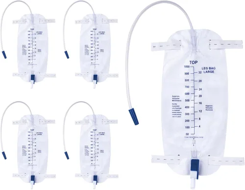 Vista 9 de Bolsas de pierna para catéter de 1000ml, bolsa de drenaje urinario para hombres y mujeres con válvula anti reflujo, tubos de 18 pulgadas y correas