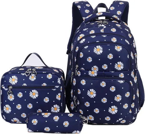 Vista 8 de goldwheat Mochilas impresas margaritas con paquete de almuerzo, estuche de lápices 3pcs, bolsa ligera resistente al agua para la escuela secundaria