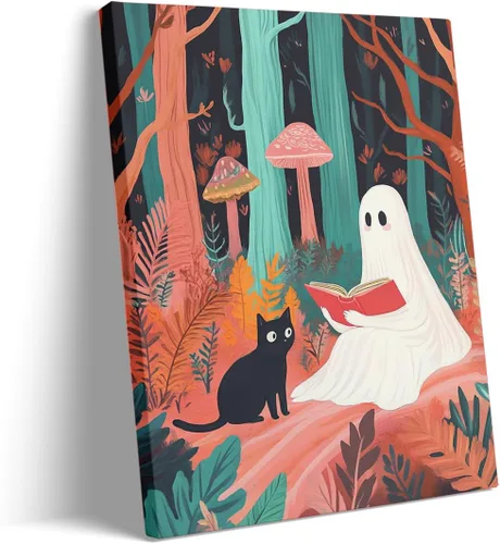Vista 24 de Bonito arte de lectura de fantasmas, póster de pared de bosque de Halloween con hongos y plantas, impresión de lectura de fantasmas caprichosa