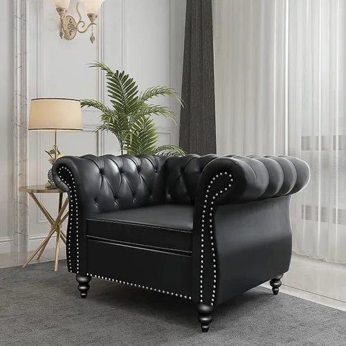 Vista 40 de QHITTY Sofá grande Accent, sofá Chesterfield de 3 plazas moderno de cuero, sofá tapizado con respaldo copetudo para muebles de sala de estar (negro)