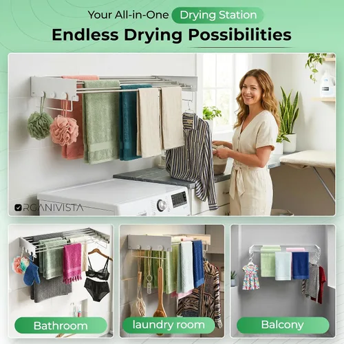 Vista 5 de Tendedero plegable para montaje en la pared para ropa de lavandería 28" Construcción de metal resistente que soporta la lavandería diaria con un