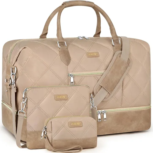Vista 34 de Bolsa de fin de semana para mujer, bolsa de viaje de nailon, con compartimento para zapatos, tamaño grande 1-beige