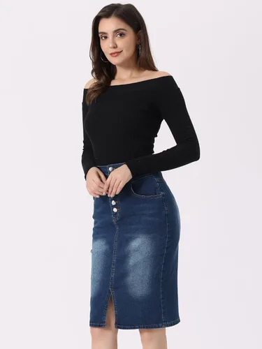 Vista 3 de Allegra K Faldas de mezclilla para mujer, con abertura, casual, de cintura alta, entallada, falda de tubo