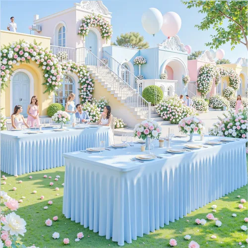 Vista 3 de Paquete de 2 manteles color azul bebé para mesas rectangulares de 6 pies, mantel ajustable de elastano, fundas de mesa elásticas de 6 pies, manteles