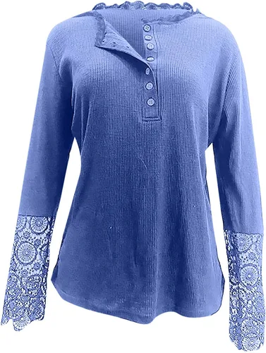 Vista 4 de Blusa casual de otoño para mujer de moda de color liso con botones manga larga con encaje y corte
