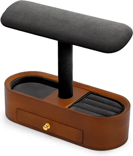 Vista 5 de Oirlv Soporte de reloj de madera maciza con cajón, soporte para reloj con barra en T, organizador para hombres y mujeres, brazalete de exhibición