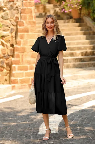 Vista 4 de PRETTYGARDEN Vestidos de verano para mujer 2023, cuello en V, manga corta, bohemio, vestido midi con lazo en la cintura, vestidos de playa