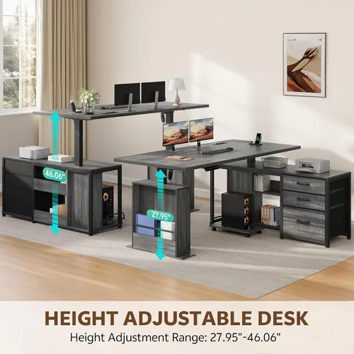 Vista 4 de Escritorio eléctrico en forma de L de 63 pulgadas con 3 cajones, color gris with Storage Computer Desk Adjustable Height with Power Outlets 4