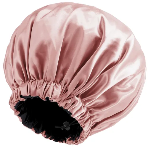 Vista 9 de Gorro de seda de satén para cabello rizado, gorro trenzado para dormir, para mujer, grande, doble capa ajustable (2 unidades, negro) Double Layer
