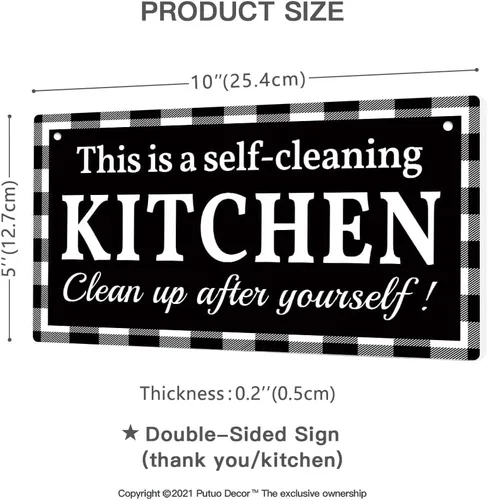 Vista 2 de Putuo Decor Letrero reversible de doble cara con texto en inglés "This is a Self-Cleaning Kitchen Clean up after Yourself", reversible de doble cara